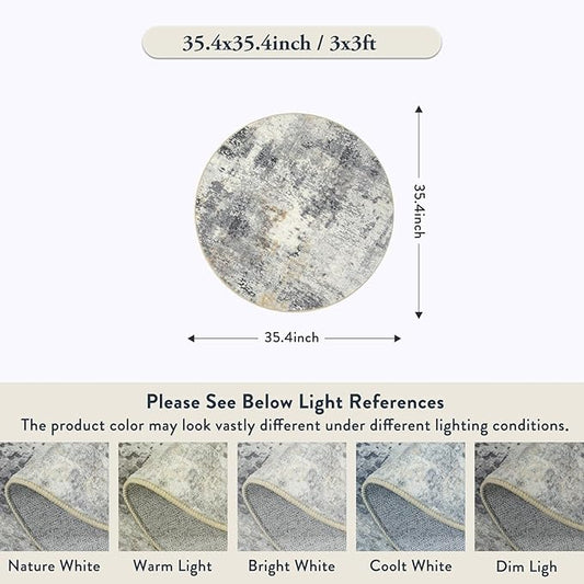 Lahome Modern Abstract Round Rug - 3Ft Small Washable Kitchen Round Area Rug Bedroom 3x3 Circle Mat, Soft Low Pile Non Slip Indoor Throw Carpet for Cabinet Bathroom Home Office, Grey