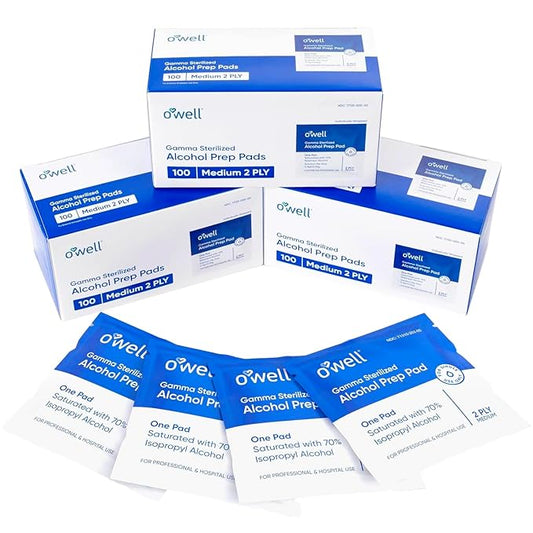 OWELL Prep Pads - 300 Individually Wrapped Sterile Alcohol Wipes, Medium 2-Ply Antiseptic Wipes for Disinfecting Skin, First Aid Kit Alcohol Swabs (3 Packs of 100 Count)
