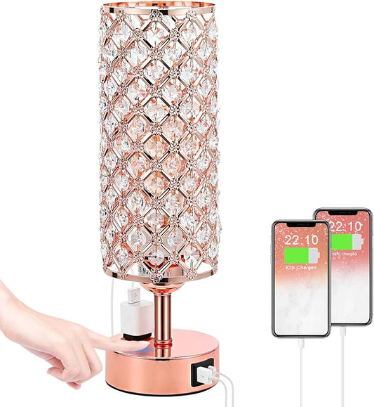 Hong-in Crystal Table Lamp, Rose Gold Bedroom Lamp with USB C+A Ports & AC Outlet, 3 Way Dimmable Light with Crystal Lampshade, Bedside Lamp Touch Light for Living Room, Charge Phone (Bulb Included)