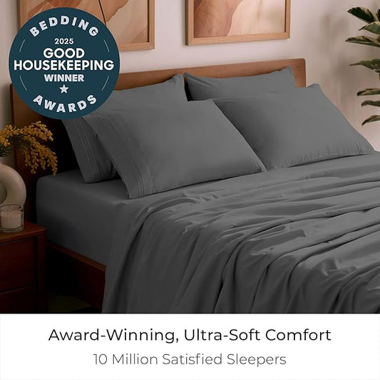 Mellanni Full Sheet Set - 6-Piece Iconic Collection Bedding, (Including 4 Pillowcases), 16-Inch Deep Pocket, Easy Care, Extra Soft, Cooling Sheets, Brushed Microfiber - Gray