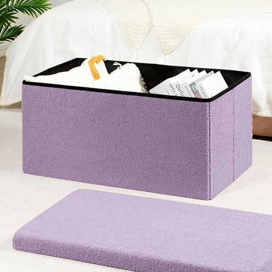 PINPLUS Folding Storage Ottoman Bench, Sherpa Ottoman with Storage, Large Long Shoes Bench Chest with Lid, Footrest for Living Room, Entryway, Purple, 31.5'' x 15.7'' x 15.7''