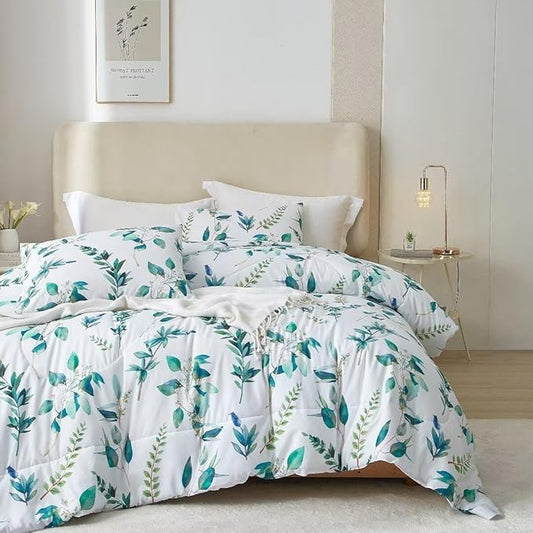 MKXI Rustic Floral Comforter Set White and Blue Full Size Botanical Bedding Comforters Branch Floral Duvet Lightweight Turquoise Leaves Pattern Aesthetic Bed Set 1 Comfortert + 2 Pillowcases
