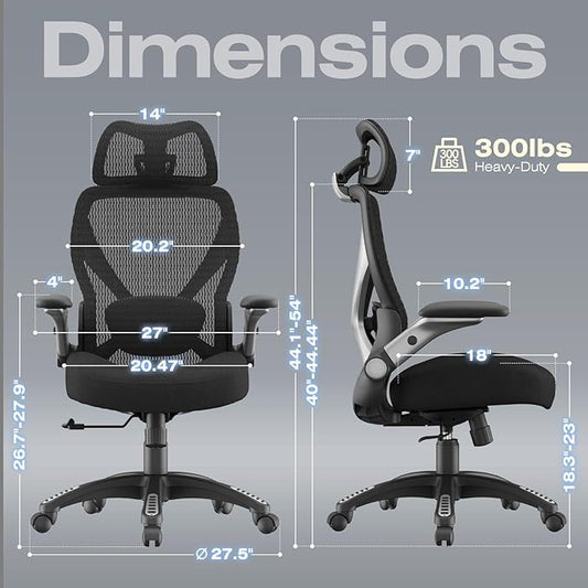 ELABEST X100 Ergonomic Mesh Office Chair, Big and Tall Hone Desk Chair with 5D Flip-Up Arms, Adjustable 3D Lumbar Support,Gaming & Executive Computer Chairs for Long Hours, Padded Seat