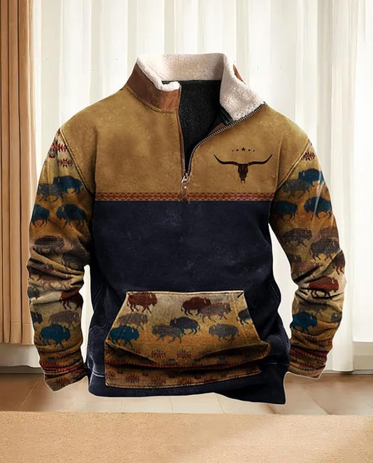 Western Sweatshirts for Men Aztec Cowboy Vintage Graphic Fleece Hoodie Mens Quarter Zip Pullover Country Jacket