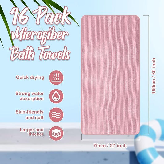 16 Pack Microfiber Bath Towels Bulk 27'' x 60'' Oversized Size Bath Towel Highly Absorbent Extra Large Soft Drying for Shower Beach Winter Salon Sport Gym Party (Pinstripe,Pink)