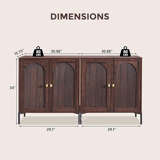 Bathroom Cabinet with Storage, 123.5" W Fluted Arched Free Standing Floor Cabinet w/Adjustable Shelves, Modern Sideboard Cabinet for Bathroom, Kitchen, Living Room, Entryway, Brown