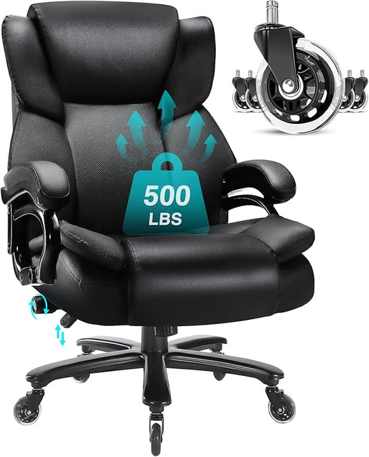500lbs Big and Tall Office Chair, Heavy Duty Office Chair for Heavy People, High Back Executive Desk Chair with Adjustable Lumbar Support,Quiet Rubber Wheel,Pocket Spring Cushion
