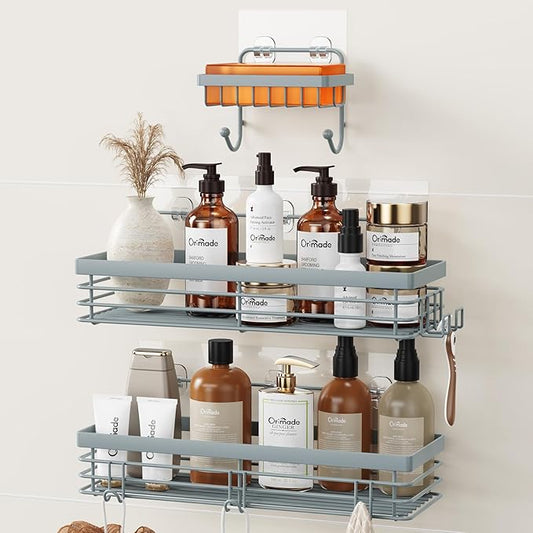 Orimade Adhesive Shower Caddy Soap Dish Holder Shelf with 5 Hooks Bathroom Organizer Basket Kitchen Storage Rack Wall Mounted No Drilling Stainless Steel - 3 Pack, Light Blue Grey