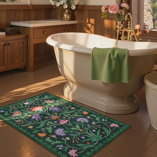 Lahome Boho Floral 2x3 Green Kitchen Rugs for Entryway, Washable Door Mat Indoor Entrance, Small Soft Non-Slip Indoor Carpet Throw Rugs for Bathroom Laundry(Forest Green,2x3)