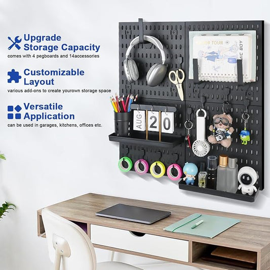 Pegboard Wall Organizer Kit – Heavy Duty 20lbs Load Bearing, Easy Installation, 4 Peg Board Panels 14 Accessories – Multi-Surface Use For Garage, Office, Kitchen & Crafts (Black Pegboard,24″×24″)