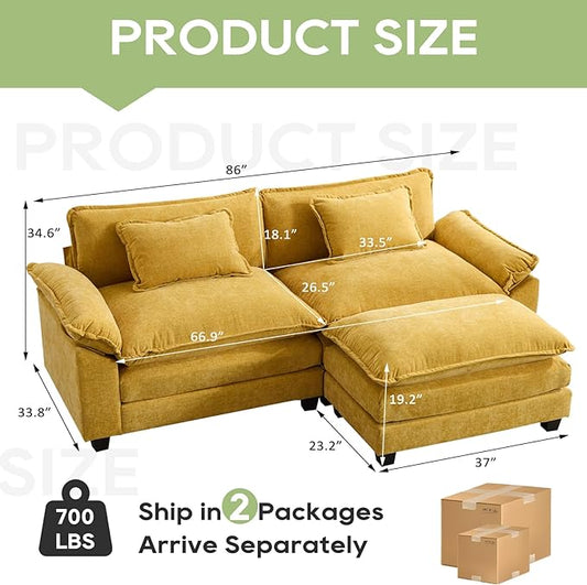 86" Modular Sectional Sofa, Comfy Cloud Couch Sectional Sofa with Ottoman, Chenille Sofa Sleeper Deep Seat Sofa with Throw Pillows for Living Room (Yellow, 86"- L Shape)