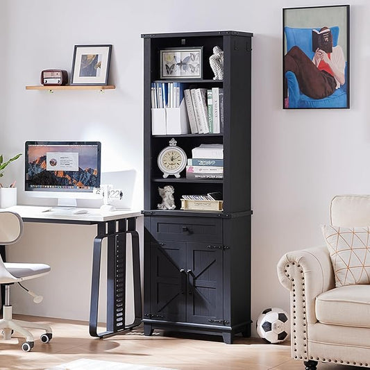 72in Tall Bookshelf 7 Tier Bookcase with Drawer and Barn Doors and Adjustable Shelves, Black Farmhouse Book Shelf with Storage Cabinet, Wood Freestanding Display Bookshelves for Kitchen (3PCS)
