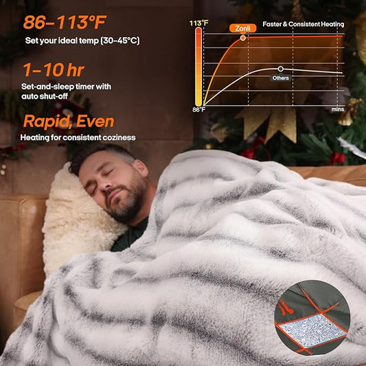 ZonLi 2-in-1 Weighted Heated Blanket for Back Pain, Heated Weighted Blankets Queen Size, 6 Heating Levels 1-10H Auto Off, Soft Ribbed Rabbit Fur Washable, Chirstmas Blanket for Family