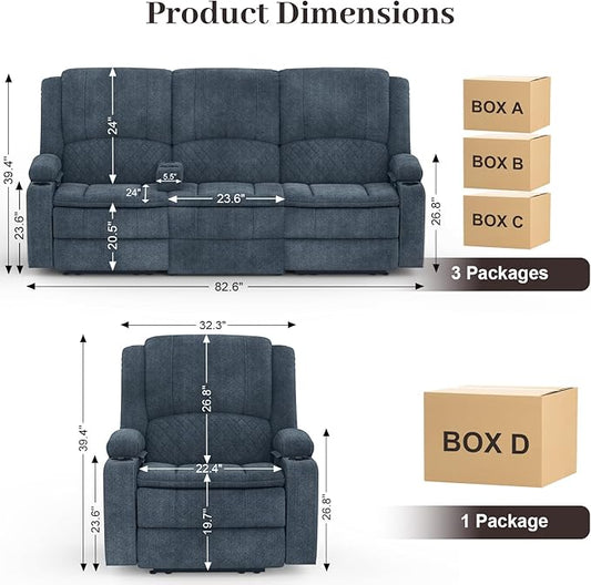 3 Seater Recliner Sofa Set with 2-Tier Cushion, 3+1 Pieces in Living Room, 3 Seater Reclining Couch Leather with Removable Console, 1 Oversize Recliner Chair Sofa Seat