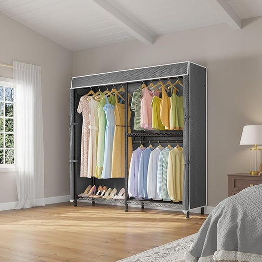 VIPEK V4C Garment Rack with Cover, Heavy Duty Portable Closet Adjustable Metal Clothing Rack for Hanging Clothes with Hanging Rods & Side Hooks, Max Load 810lbs, Black Rack with Grey Cover