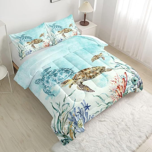 CVHOUSE Sea Turtle Comforter Sets King for Ocean Lovers,Turtle Beach Bedding Sets King Set,Turtle Bedspread,Turtle Duvet,Turtle Bed Set,Turtle Quilt Set 3 Pcs 1 Comforter and 2 Pillowcases