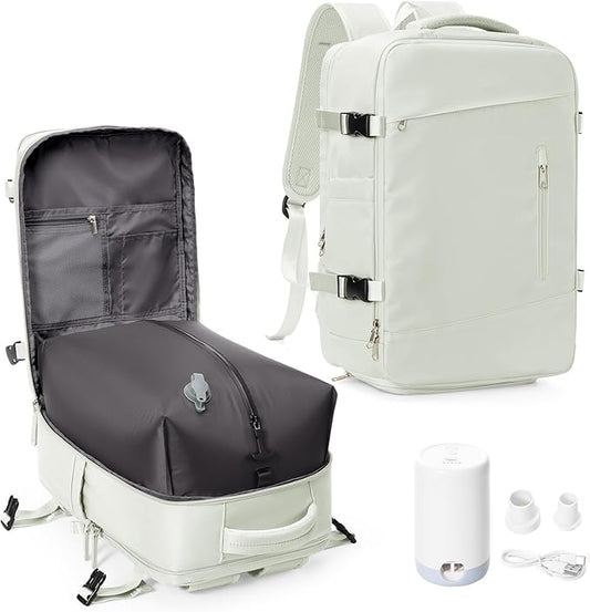suwasp Vacuum Travel Backpack with Electric Vacpack Pump for Women, 40L Expandable Vacuum Compression Bags Personal Item Backpack Flight Approved Vacuum Seal Backpack for Traveling, White