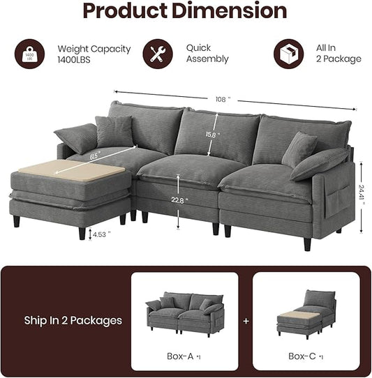 108" L Shaped Modular Sectional Cloud Couch with Ottoman, Snap-on Easy Installation 3 Seater Deep Seat Sofa with Storage Bag and Coffee Table for Living Room, Corduroy, Gray