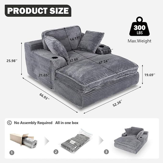 67" Oversized Chaise Lounge Chair Indoor, Soft Boneless Cloud Couch with 3 Pillows, 4 Side Pockets and 2 Cup Holders, Comfy Corduroy Sleeper Couch for Living Room Bedroom, Gray