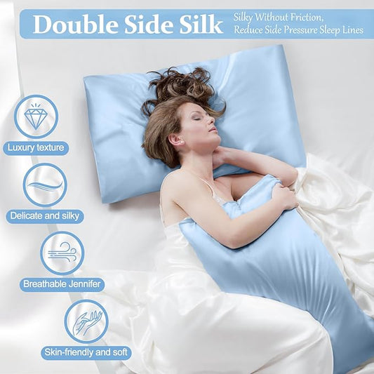 2 Pack 100% Pure Silk Pillowcase for Hair and Skin, Both Sides Mulberry Silk Pillowcases with Hidden Zipper, Cooling Pillowcase 19 Momme, 600 Thread Silk Pillow Cases King Size, Light Blue