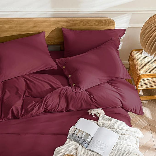 JELLYMONI Cotton Duvet Cover King Size - Burgundy Comforter Cover with Button 100% Washed Cotton 3PCS Breathable Soft Solid Bedding Set Duvet Cover 104×90in & 2 Pillowcases (NO Comforter)