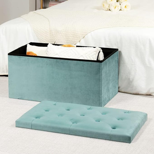 B FSOBEIIALEO Folding Storage Ottoman, Long Ottomans Shoes Bench, Velvet Storage Chest Footrest Seat 31.5"x15.7"x15.7" (Teal, Large)