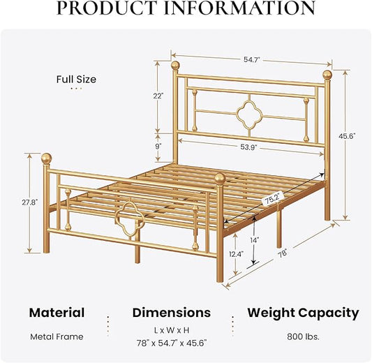 SHA CERLIN 14 Inches Full Size Metal Platform Bed Frame/Vintage Iron-Art Headboard and Footboard/Mattress Foundation for Storage/No Box Spring Needed/Noise-Free/Easy Assembly/Gold