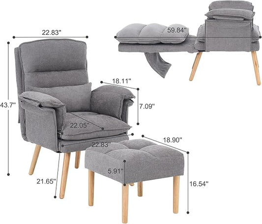Modern Adjustable Accent Chair with Ottoman, Soft Fabric Reading Chair with Adjustable Backrest and Pillow, Comfy Lounge Chair with Armrests for Living Room, Bedroom, Apartment, Office, Dorm,Grey