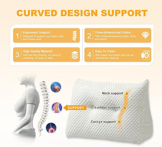 Large Triangular Headboard Wedge Pillow Soft and Supportive Headboard Backrest Positioning Support Bolster Cushion, Bed Wedge Pillow with Removable Cover(White,King,76x8x20inch)