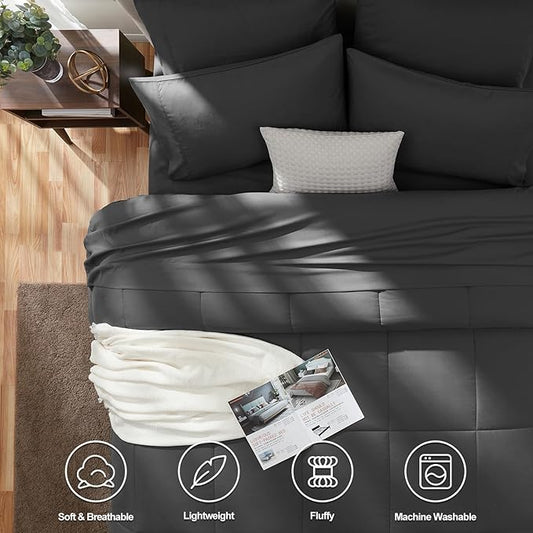 CozyLux Oversized Queen Comforter Sets Dark Grey, 7 Pieces Bed in a Bag, Ultra-Soft All Season Bedding Sets with Stitch Quilted Comforter, Flat Sheet, Fitted Sheet, Pillowcases, Dark Gray