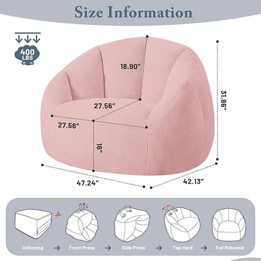 Giant Bean Bag Chair for Adults - Comfy Plush Round Shell Soft Accent Chair, Oversized Cozy Lounge Floor Sofa Reading Chair, Mini Couch for Living Room, Bedroom & Game Rooms, Dorm, Pink