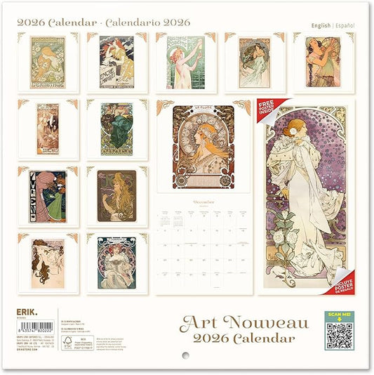 Art Nouveau Wall Calendar 2026 12" x 12" FSC® Plastic Free - Starts Week On Sunday | Family Planner Calendar 2026
