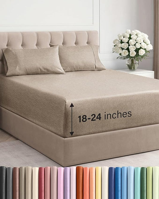 Extra Deep Pocket Queen Sheet Set - 4 Piece Breathable & Cooling Bed Sheets - Hotel Luxury Sheet Set - Soft, Wrinkle Free and Comfy - Fits Extra Deep Mattresses - Deep Pocket Heathered Beige Sheets