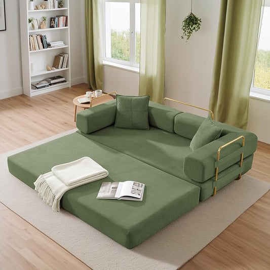 Antetek Convertible Futon Sofa Bed, 3-Seater Modern Corduroy Foam Floor King Size Bed Fold Out Sleeper Lounge Loveseat Sofa Couch with 2 Throw Pillows for Living Room Bedroom Guest Room, Army Green
