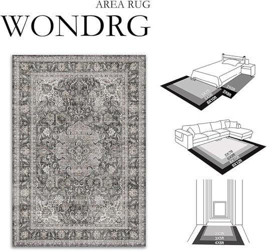 3x5 Washable Vintage Area Rug Black Grey Entryway Office Carpet Non-Slip Soft Low Pile Distressed Throw Rug for Entrance Living Room Bathroom Dining Room