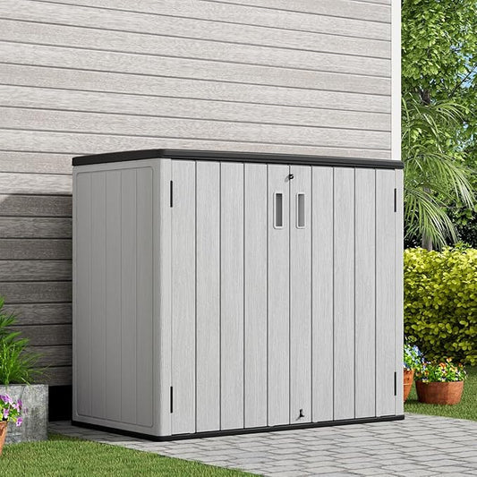KINYING Outdoor Horizontal Storage Sheds,37 Cu.ft Outdoor Storage Cabinet Waterproof Resin Tool Storage Box for Lawn Mower,Garden Tools and Patio Furniture, Lockable (Grey)