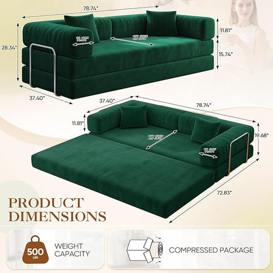 Antetek Convertible Futon Sofa Bed, 3-Seater Modern Corduroy Foam Floor King Size Bed Fold Out Sleeper Lounge Loveseat Sofa Couch with 2 Throw Pillows for Living Room Bedroom Guest Room, Turquoise