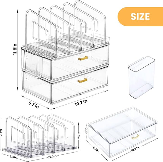 Acrylic Desk Organizer with Drawer, Office Supplies,Organization Storage, 2 PC Drawer Organizer with 4 File Sorter, Desk Organizers and Accessories, Clear Acrylic File Organizer