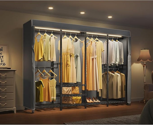 VIPEK V40LC Covered Clothes Rack with Dimmable LED Lights, Heavy Duty Garment Rack with Cover Portable Closet Wardrobe Clothing Racks for Hanging Clothes, Black Closet Racks with Grey Oxford Cover