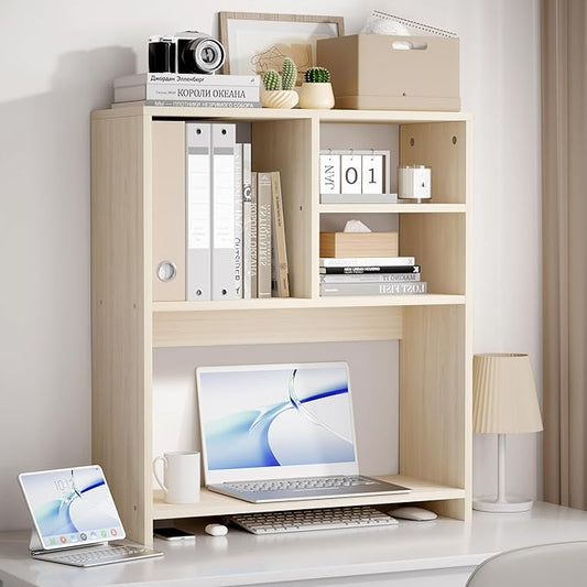 Jerry & Maggie Desktop Bookshelf Organizer, 4-Tier Desk Shelf with Hutch for Computer Desk, Wall Shelf Organizer & Room Decor Aesthetic, Dorm & Office Storage for Books, Laptop (White Wood/26 in)