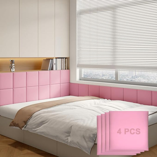 Yutianli 3D Anti-Collision Wall Padding for Kids Peel and Stick Headboard Wall Panels Pack of 4 Sized 11.8"x 11.8" Pink Self-Adhesive Panels for Playroom Bedroom Upholstered Wall