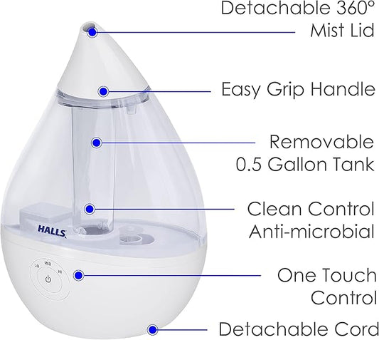 Crane x HALLS Droplet Ultrasonic Small Air Humidifiers for Bedroom and Office, 0.5 Gallon Cool Mist Humidifier for Plants and Home, Humidifier Filters Optional