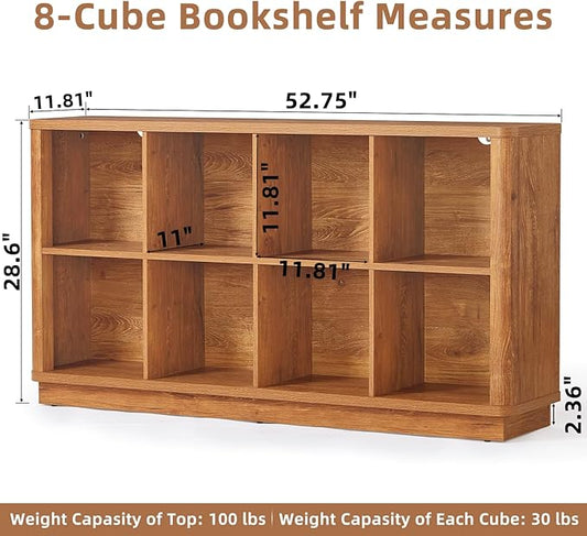 8 Cube Storage Book Shelf, 52" Long Horizontal Bookshelf with Curved Edge, Floor Standing Wooden Cubby Bookcase with Base, Low Modern Console Book Case, TV Stand for Living Room, Brown