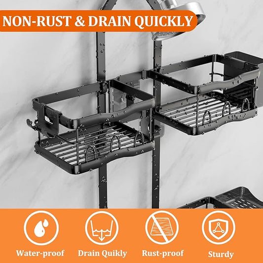 Shower Caddy Hanging Shower Head,Rustproof Hanging Shower Caddy Over Showerhead Bathroom Shower Caddies Shelf Organizer Rack For Sponge,Shampoo,Soap Storage,With Razor-Hooks,Black