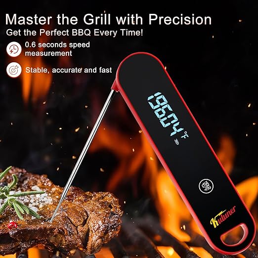 KULUNER The Latest Thermocouple Instant Reading Meat Thermometer Digital,Faster Less Than 0.6 Second Response,IP67 Waterproof Thermometer Suitable for Grilling, Cooking,BBQ Gifts for Men (Red)