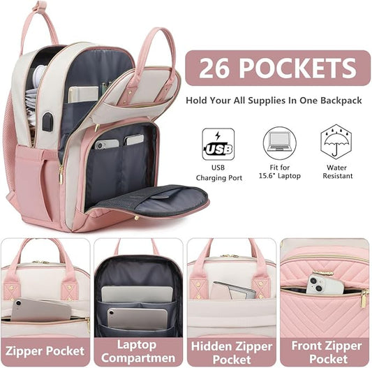 Backpack for Women Laptop Bag: Work Travel Backpacks Fits 17 inch Computer Waterproof College Bookbag with USB Charger Anti-theft Business Casual Backpack Purse for Nurse Teacher Beige Pink