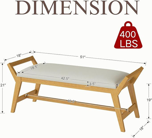 51" End of Bed Bench, Entryway Bench with Solid Wood Frame Fabric Upholstered Ottoman Bench for Entry/Bedroom/Hallway/Living Room,Chenille White