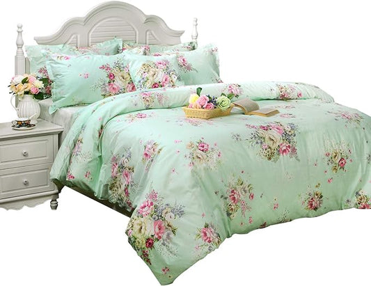 FADFAY Green Floral Duvet Cover Sets Vintage Flower Printed Bedding Ultra Soft 100% Cotton Twin Extra Long Designer Bedding Set 3 Pieces, 1duvet Cover & 2pillowcases (Twin XL Size, Simple Style)