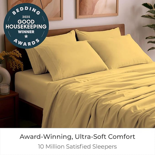 Mellanni Full Sheet Set - 6-Piece Iconic Collection Bedding, (Including 4 Pillowcases), 16-Inch Deep Pocket, Easy Care, Extra Soft, Cooling Sheets, Brushed Microfiber - Yellow