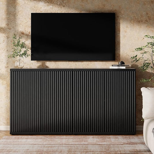 Fluted Buffet Cabinet Sideboard with Storage,Wooden Credenza with 2 Doors&Adjustable Shelve, Modern Accent Cabinets Coffee Bar Bookcase for Living Room,Kitchen Dining Room Entryway 15"D Black